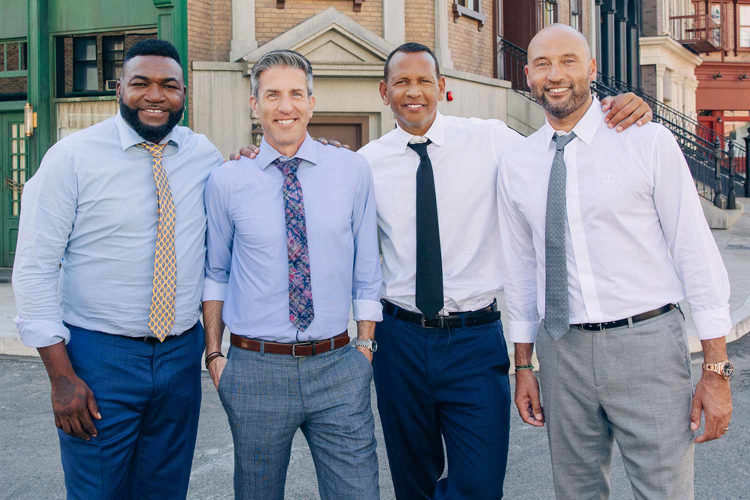 David Ortiz, Kevin Burkhardt, Alex Rodriguez and Derek Jeter standing together outside
