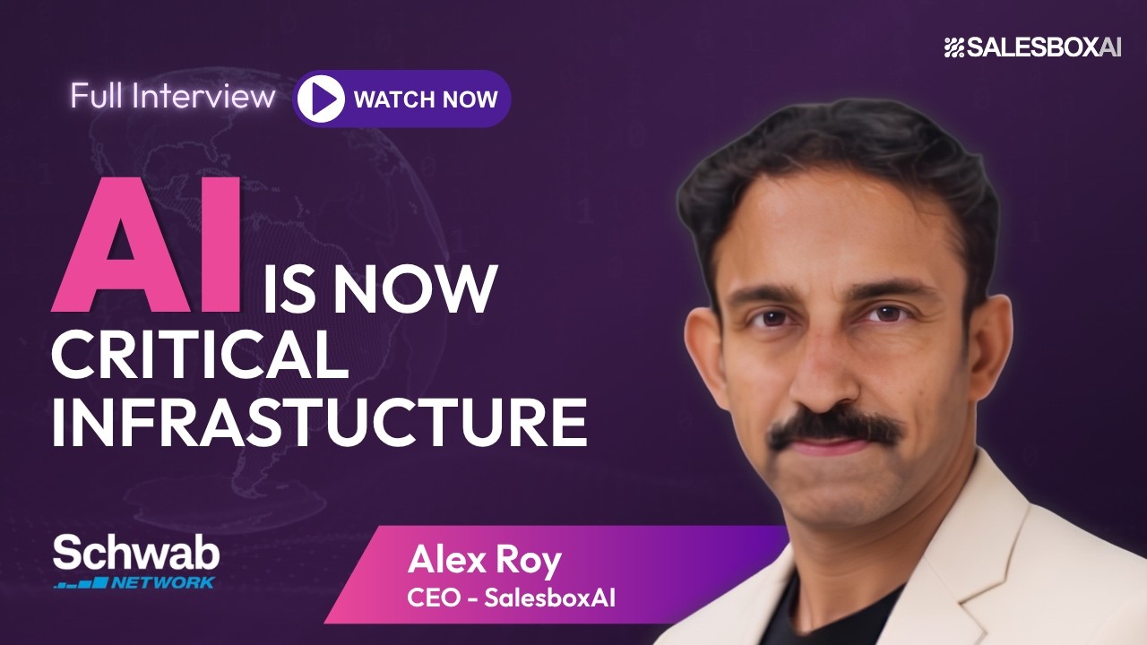 SalesboxAI promotional artwork showing Alex Roy Rajan for his Schwab Network interview