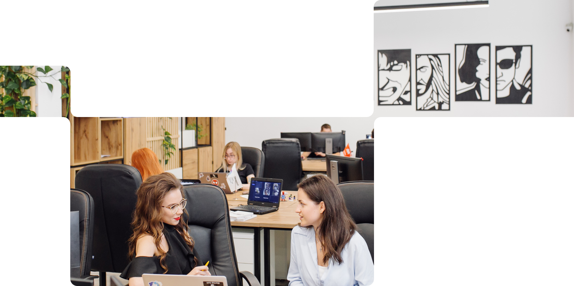 A collage of StartupSoft office interiors and people at work