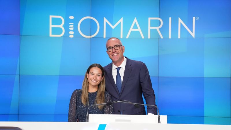 Alexander Hardy and his daughter Coco smiling at BioMarin’s Nasdaq opening-bell celebration