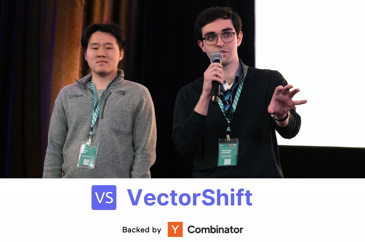 Albert Mao, left, beside Alexander Leonardi speaking into a microphone in the founders’ YC launch photograph