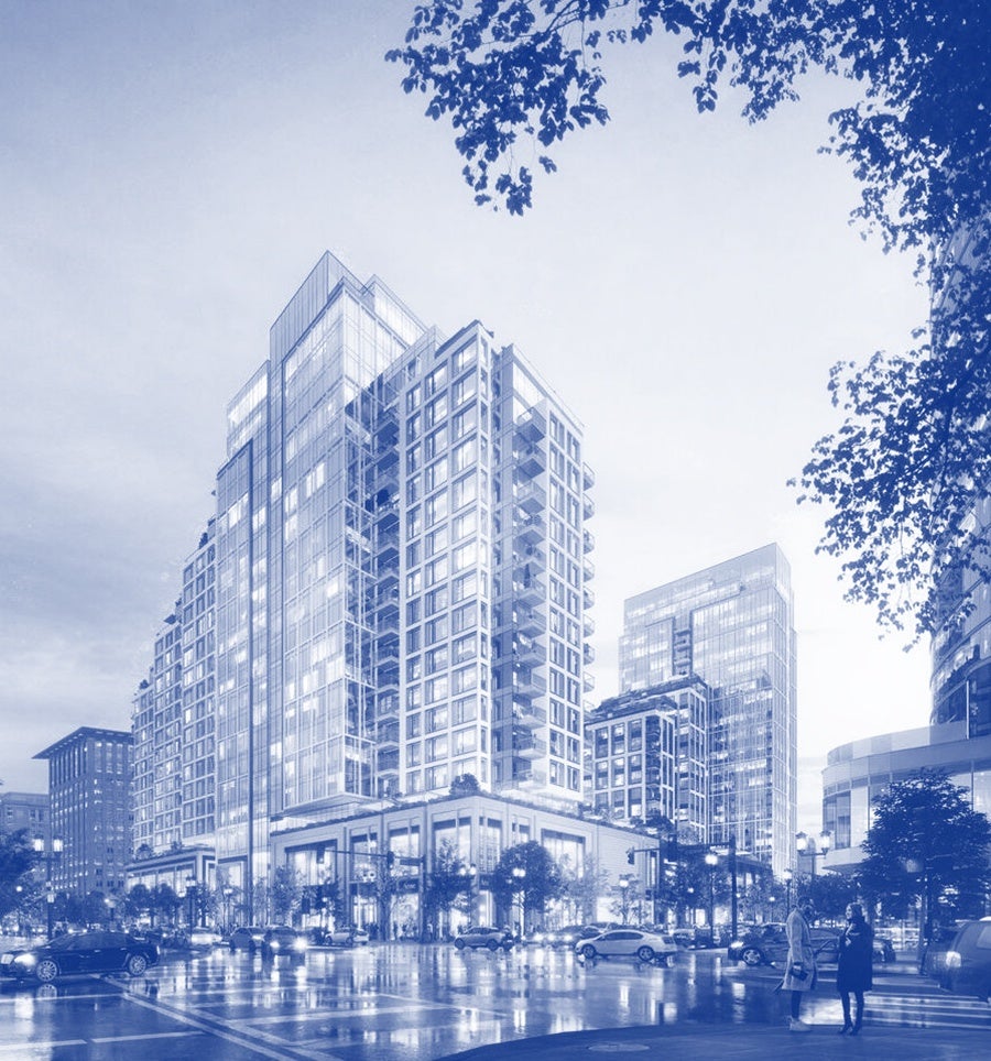 Architectural rendering of EchelonSeaport’s stepped residential towers and street-level public space
