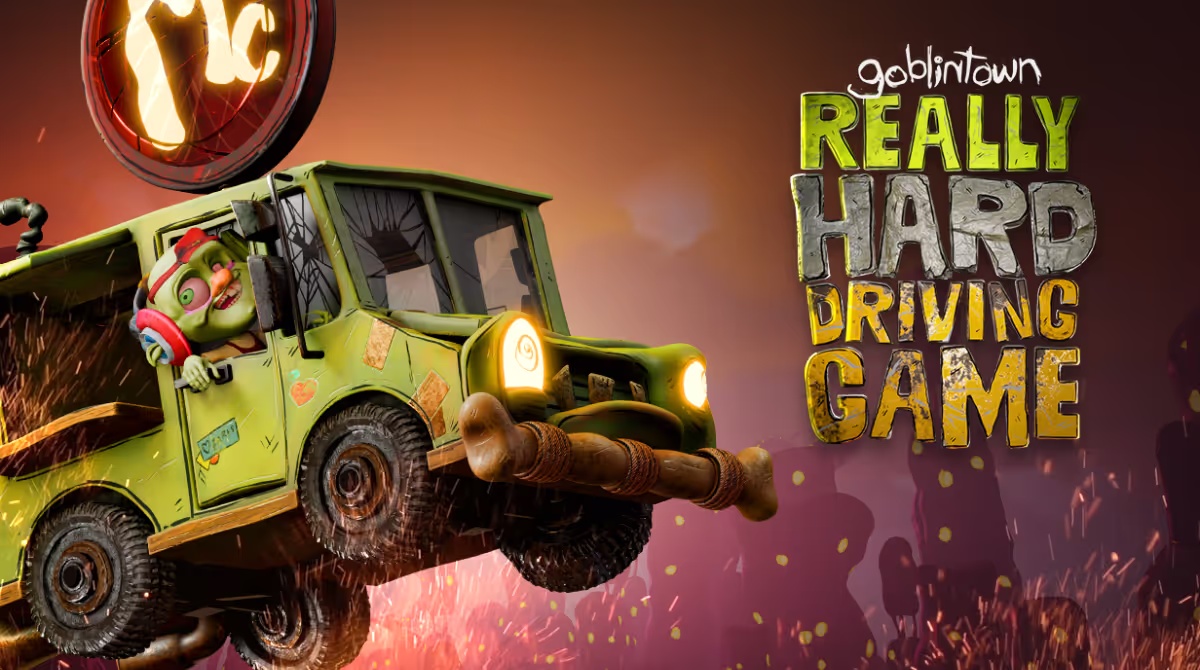 Promotional artwork showing a goblin driving an airborne burger truck
