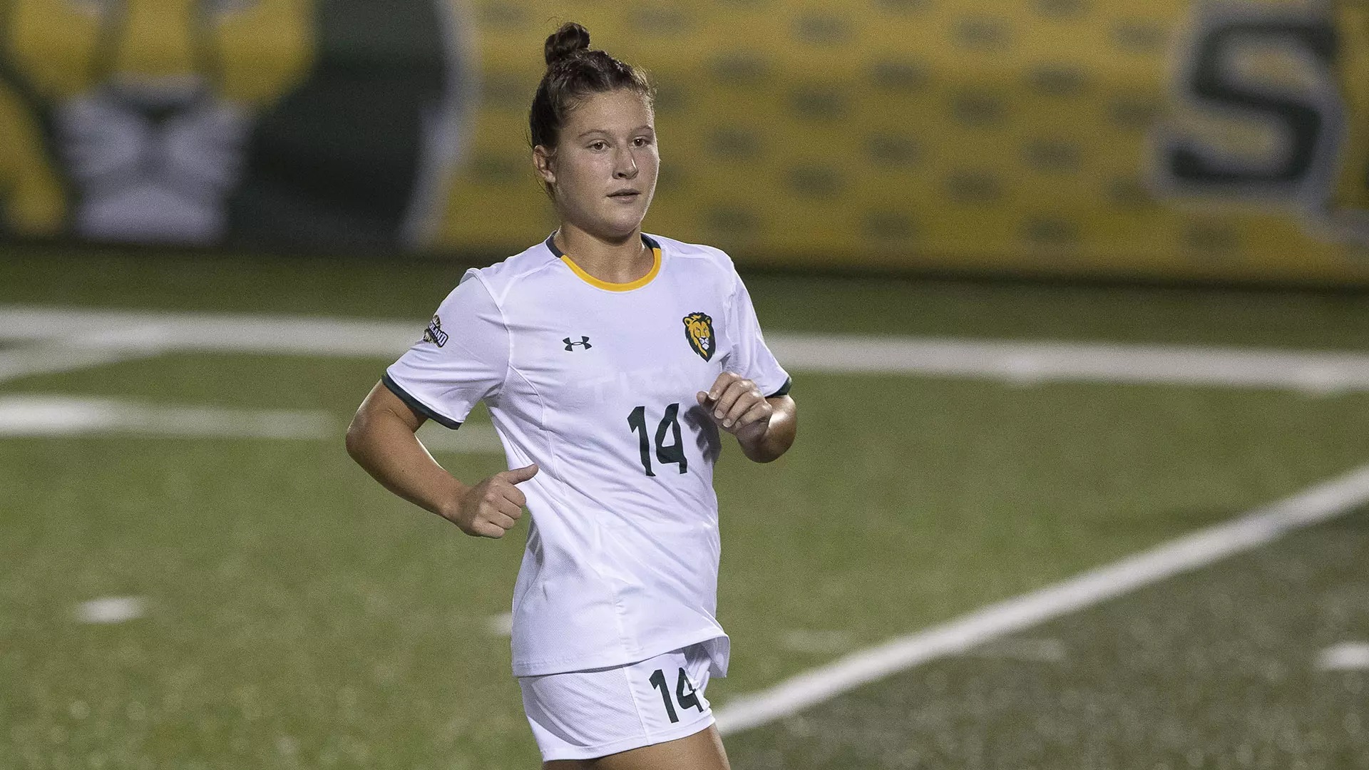 Lexie Gundersen wearing number 14 during a Southeastern Louisiana soccer match