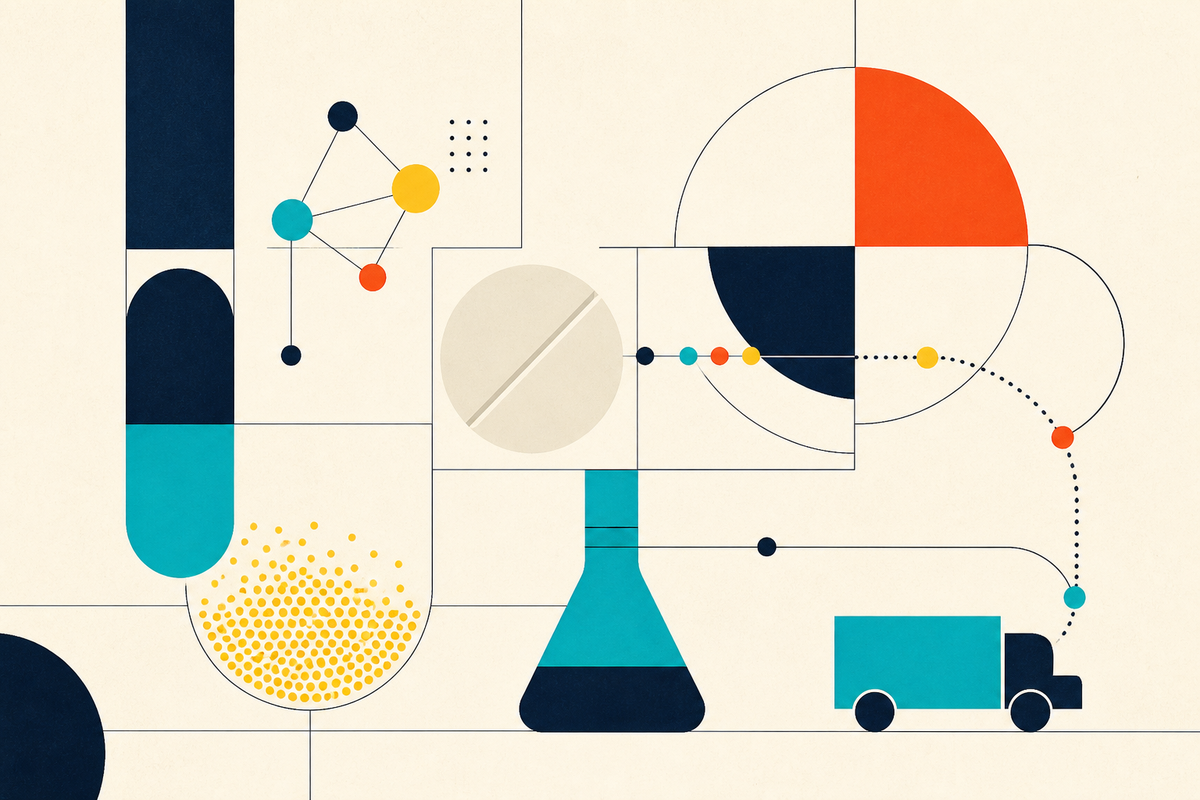 Abstract Swiss-style composition connecting molecules, a tablet, laboratory glassware and a delivery route