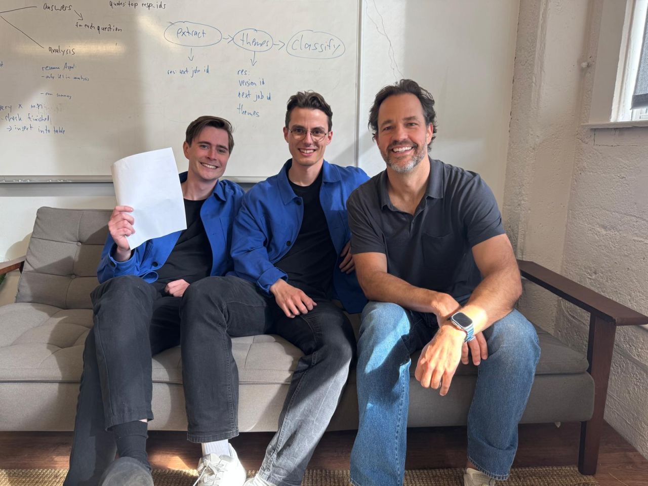 Alfred Wahlforss, Florian Juengermann and Sequoia partner Bryan Schreier seated together for a term-sheet signing