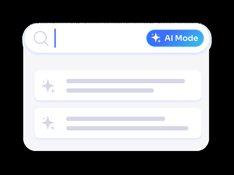 Algolia Agent Studio illustration showing a search box switching into AI Mode