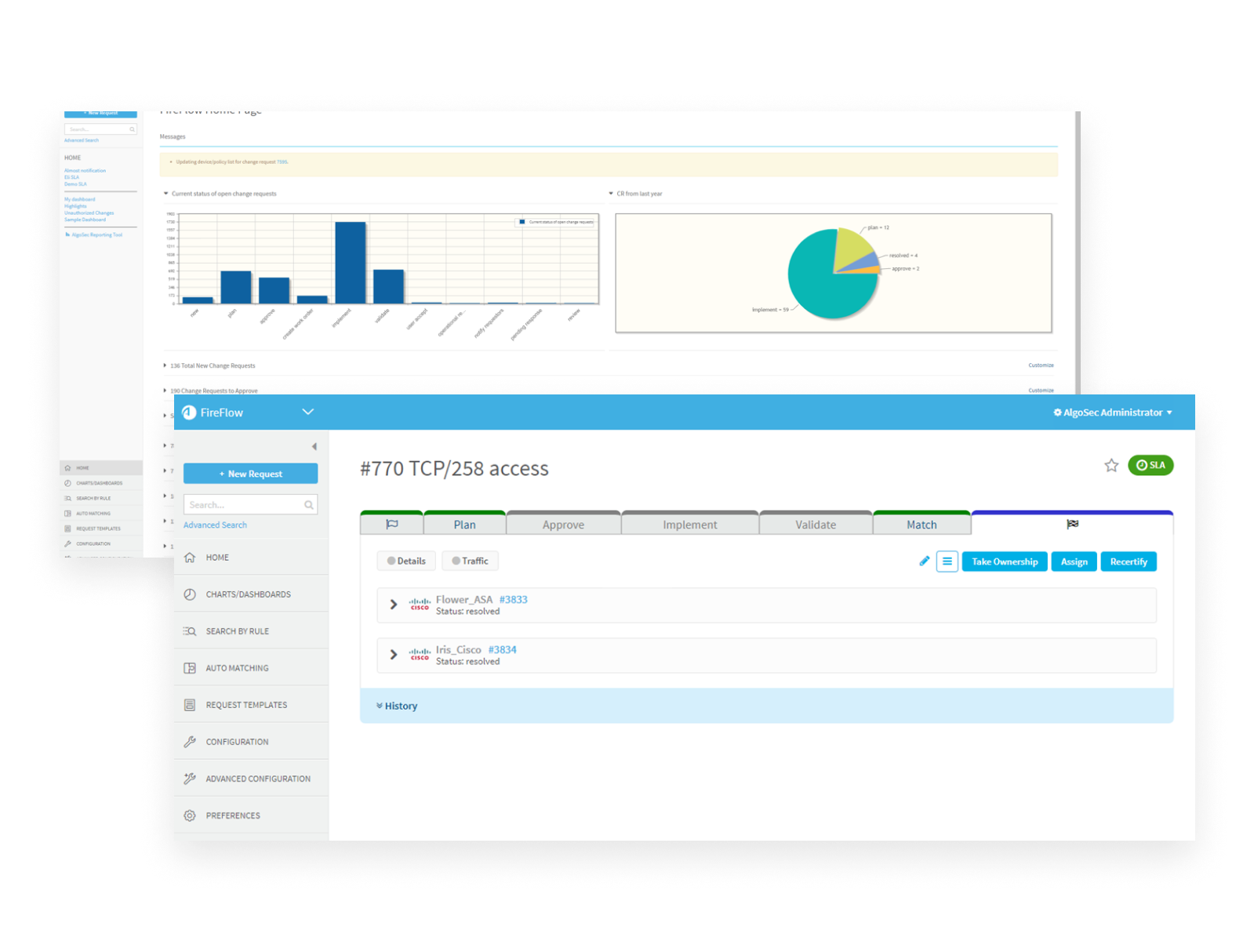 AlgoSec FireFlow product screens showing request status and a policy-change workflow