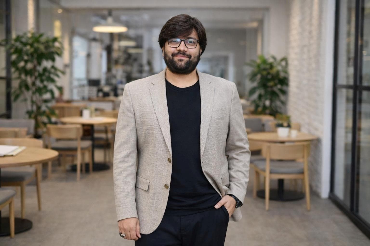 Ali Altaf wearing a light blazer in an indoor workspace