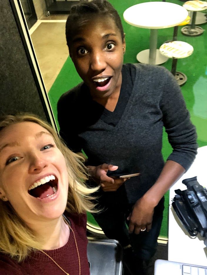 Ali Briggs Carvalho and Rachele Louis making an early LifeWeb 360 product demo at The Garage at Northwestern