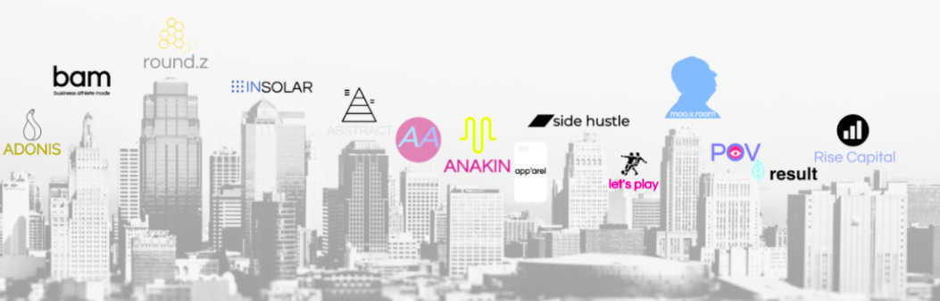 A portfolio graphic showing venture names including BAM, Round Z, Insolar and Side Hustle over a city skyline