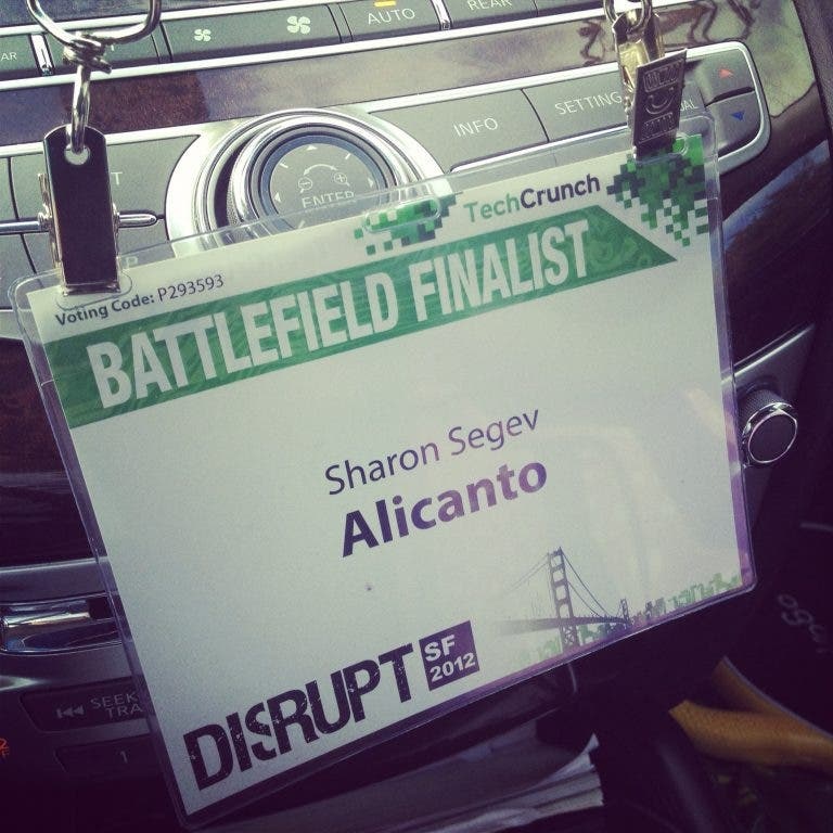 Sharon Segev's Alicanto badge at TechCrunch Disrupt SF 2012