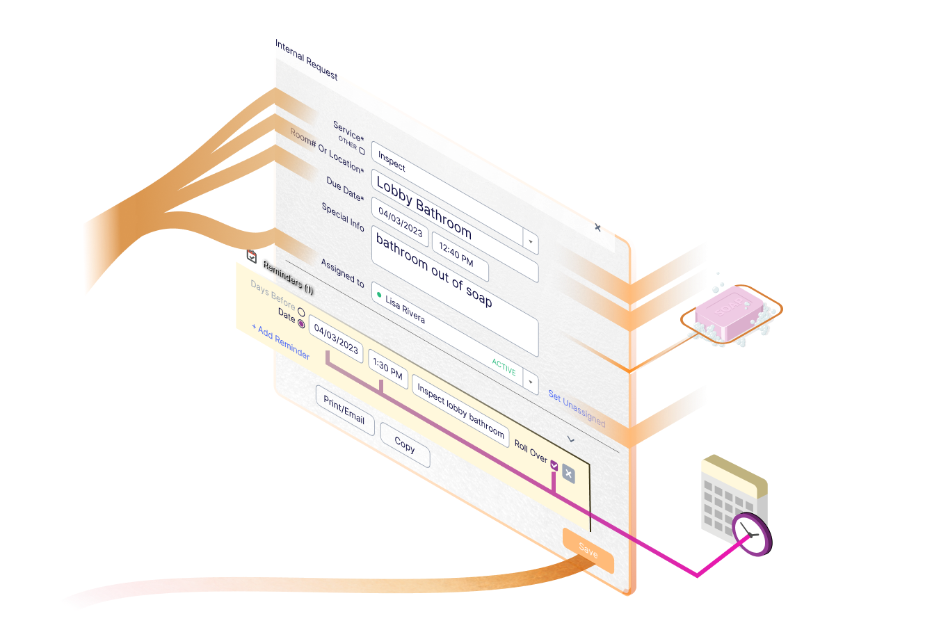 Actabl’s illustration of an Alice internal request with a location, due date, assigned employee, and reminder