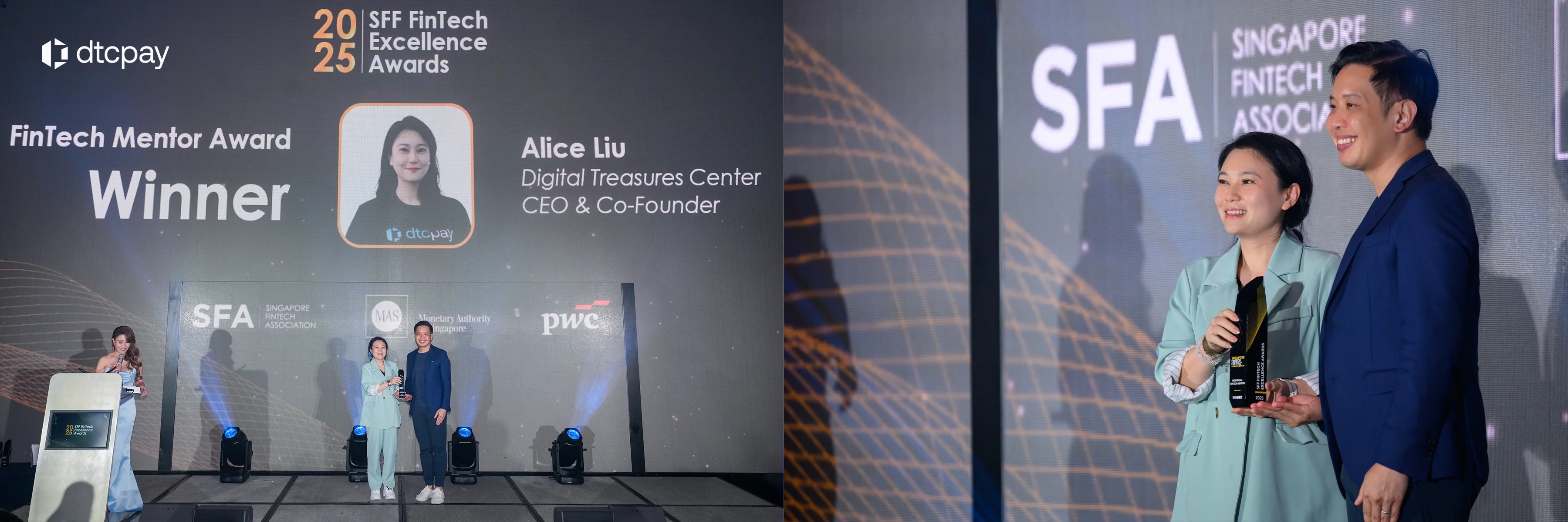 Alice Liu receiving her FinTech Mentor Award at the Singapore FinTech Festival in 2025, shown in a stage photograph and presentation collage