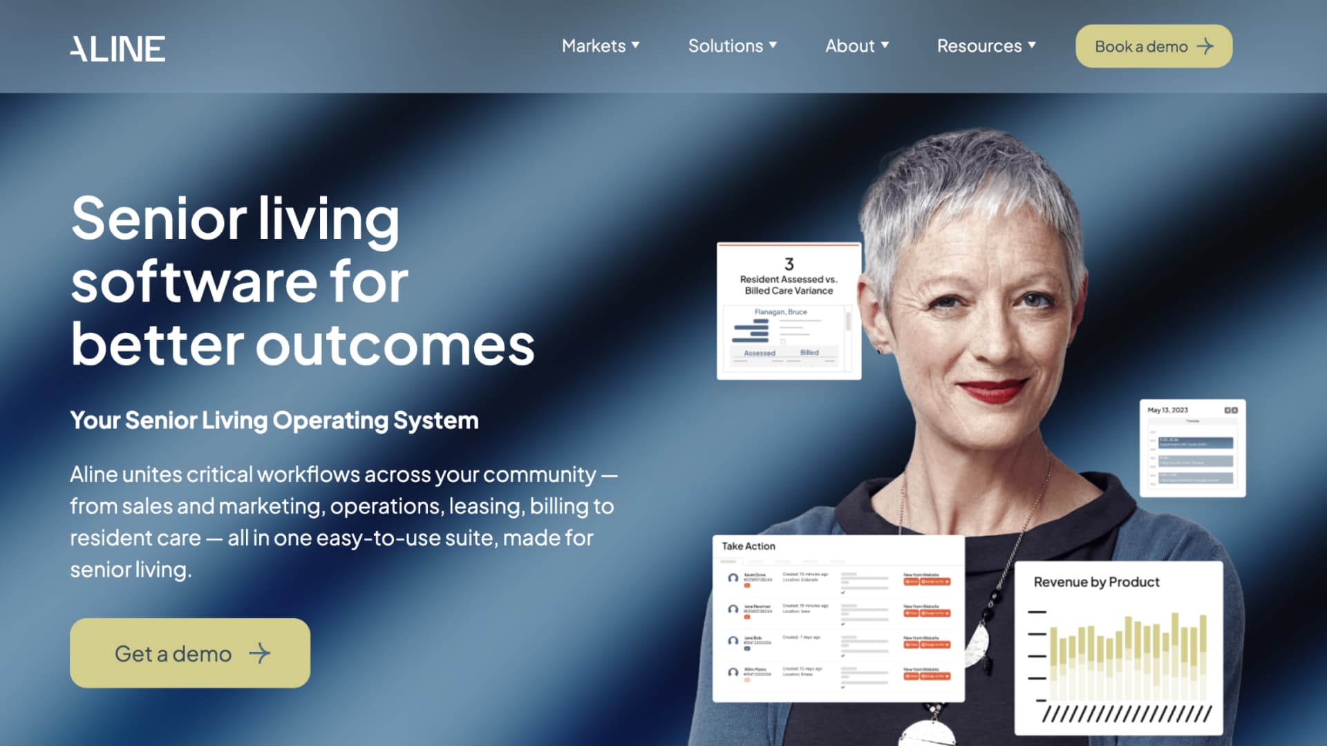 Historical Aline website creative showing a resident portrait alongside billing and task dashboards