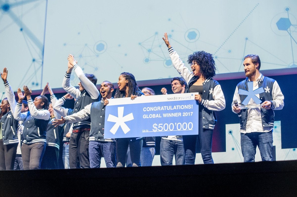 Participants celebrating the Seedstars World 2017 global winner onstage