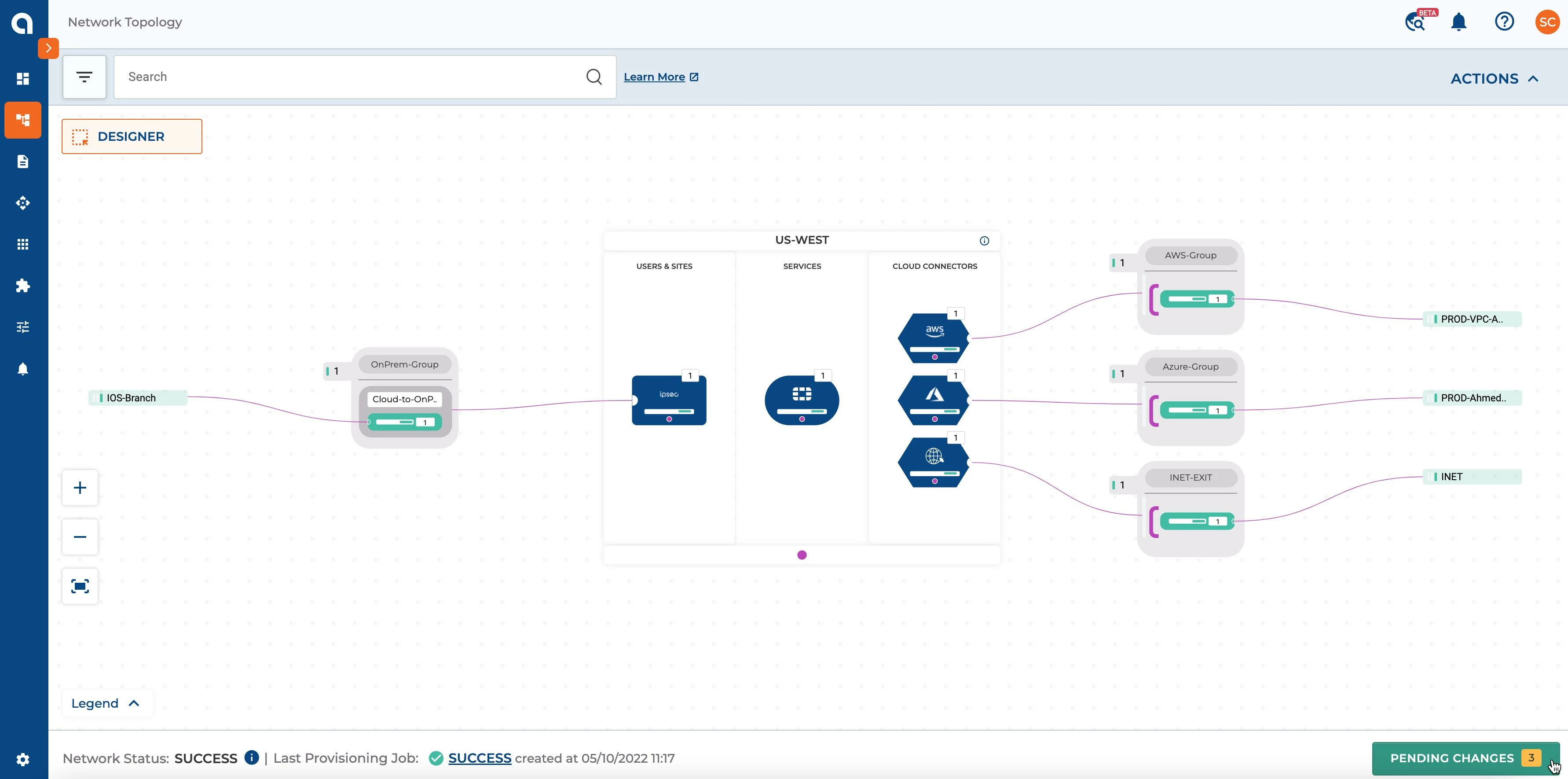 Alkira visual topology designer showing connected AWS, Azure and on-premises network groups