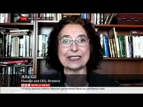 Alla Gil speaking during a BBC News interview in 2023