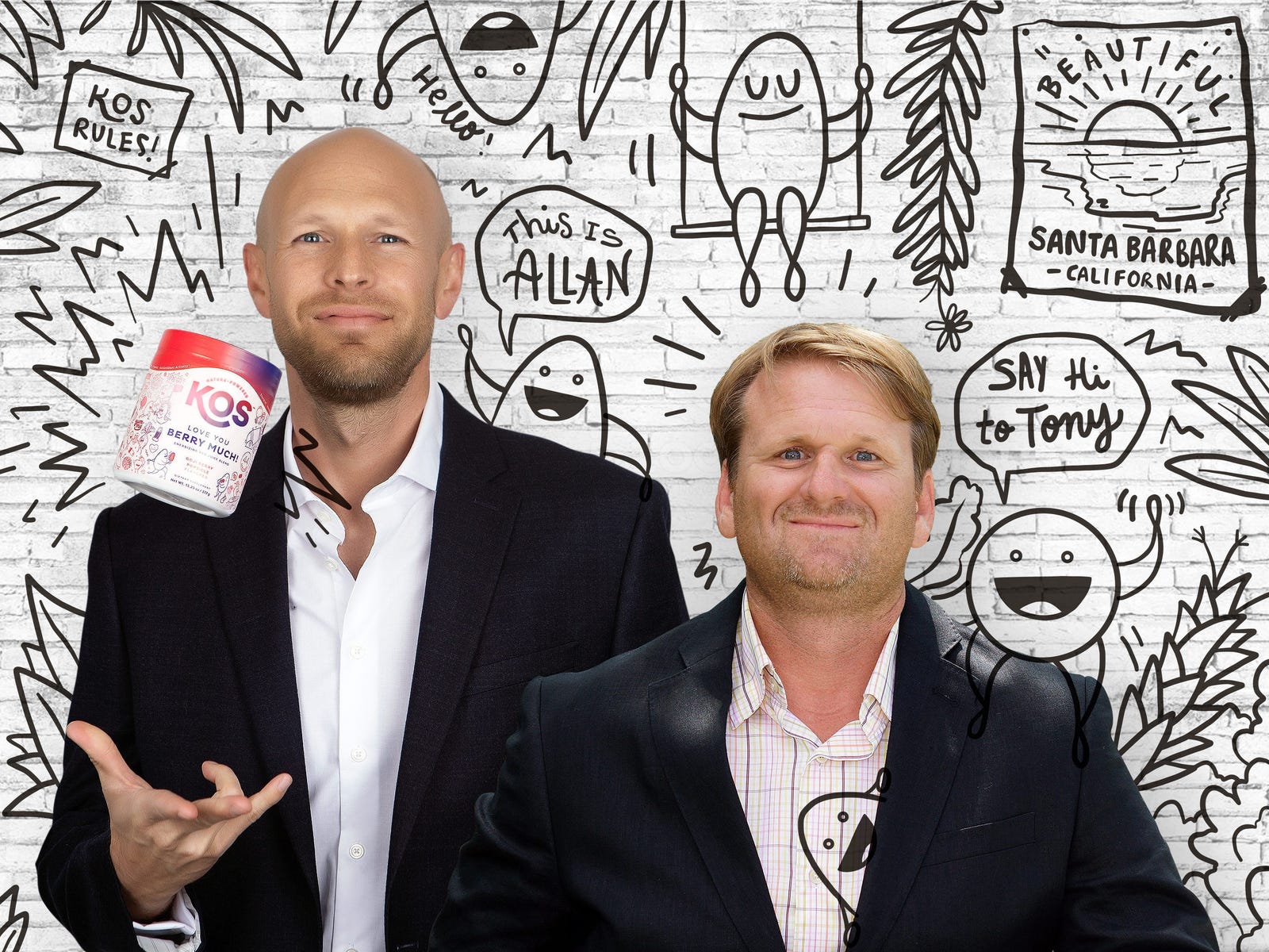Allan Stevens, left, and Tony Stahl in a KOS founders photograph with illustrated characters and handwritten introductions