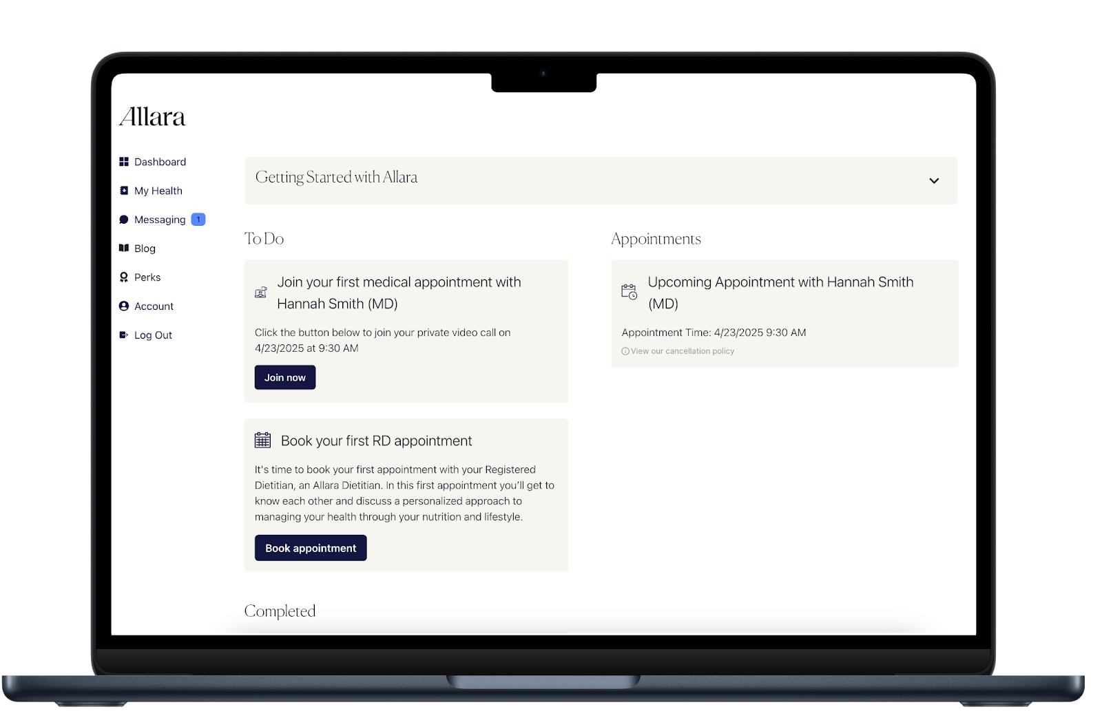 Allara patient dashboard showing appointments, messages, and care tasks
