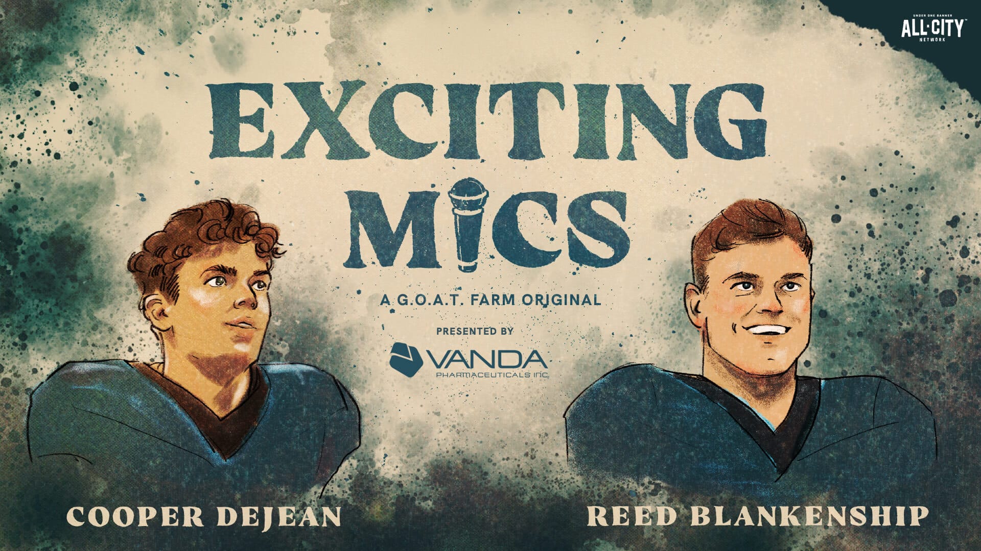 Illustrated poster for ALLCITY's Exciting Mics podcast with Cooper DeJean and Reed Blankenship