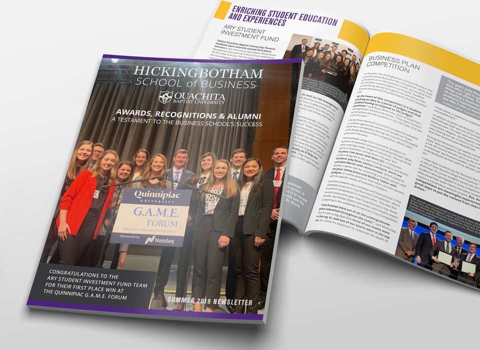 Ouachita Baptist University business school newsletter designed as a print publication