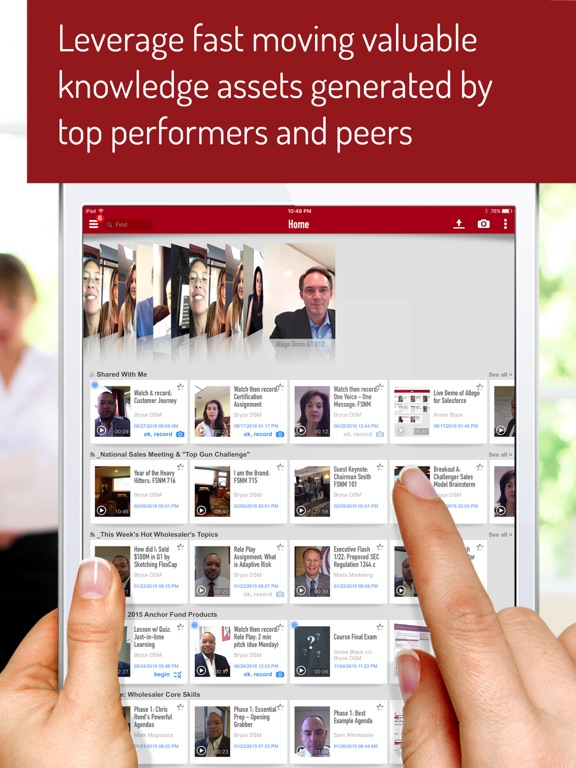 Historical Allego iPad screenshot displaying a library of peer training videos