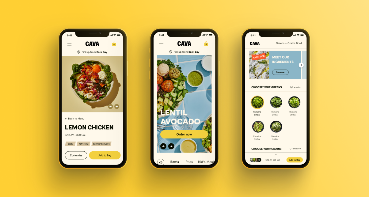 Three mobile screens from A&G's CAVA ecommerce work