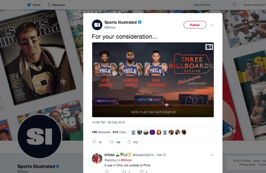 Sports Illustrated social post featuring the Three Billboards Outside Philadelphia campaign