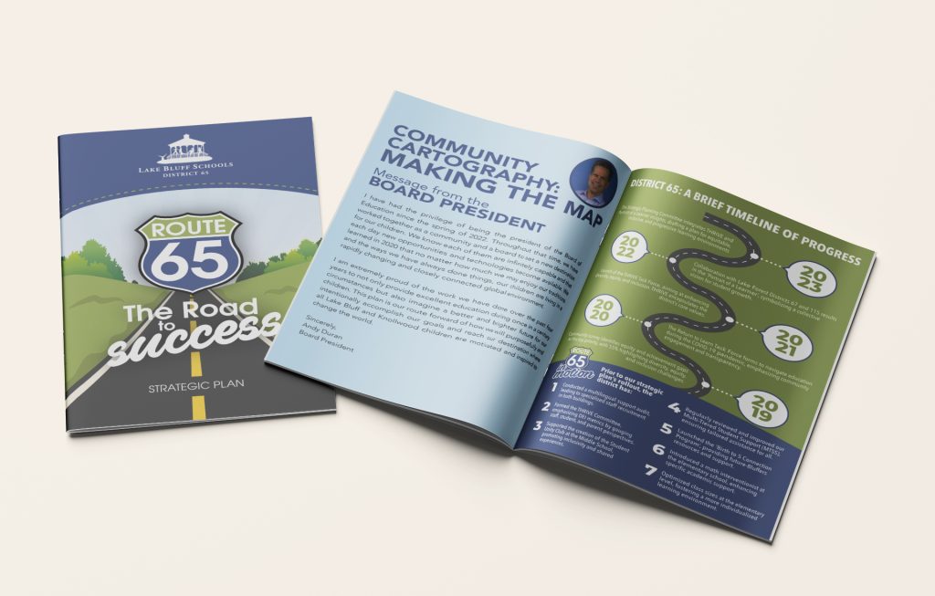 Lake Bluff District 65 Route 65 strategic plan shown as a polished printed booklet