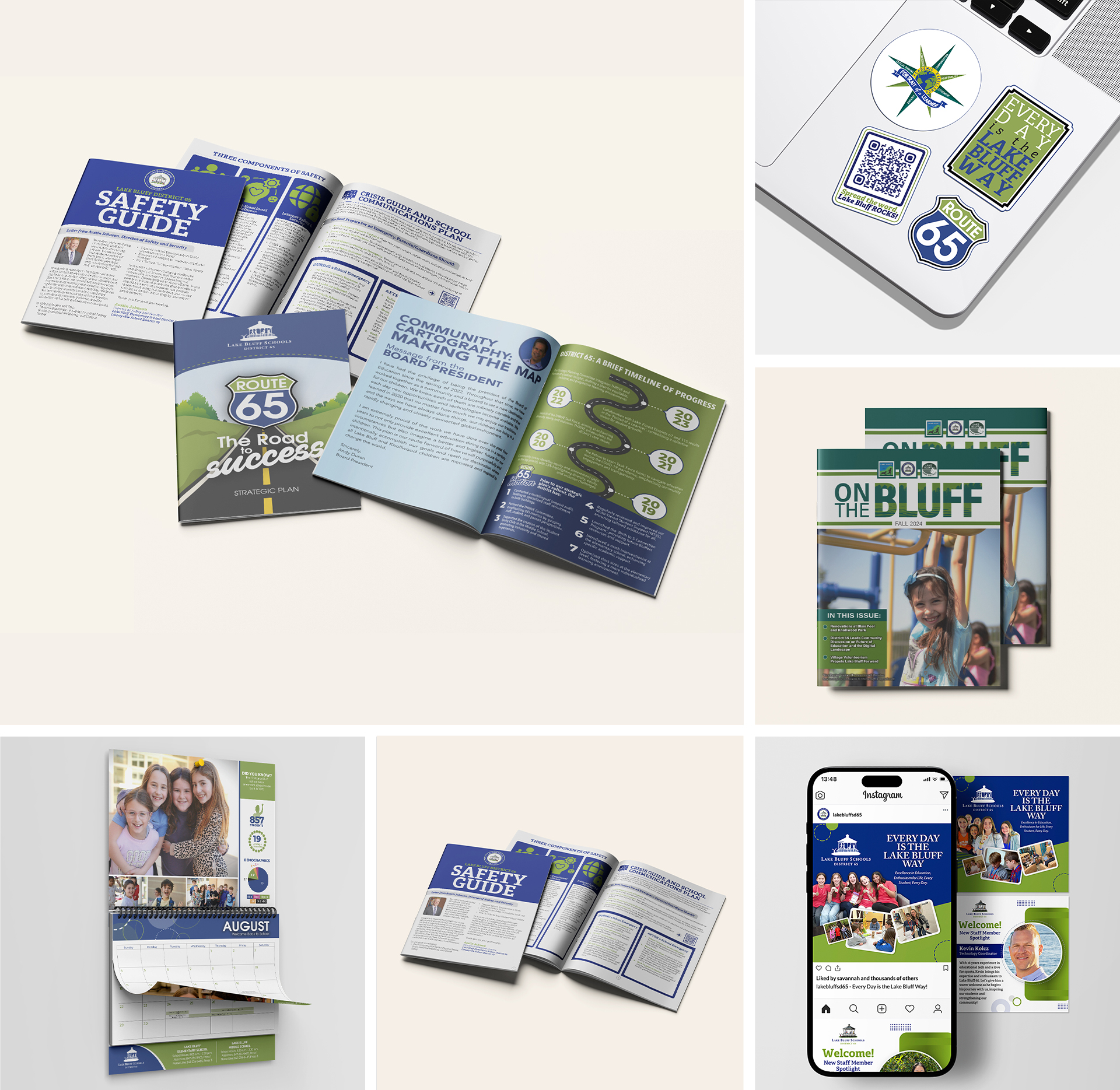 A collage of Lake Bluff School District communication materials, including a strategic plan, crisis guide, calendar, magazine and social media designs