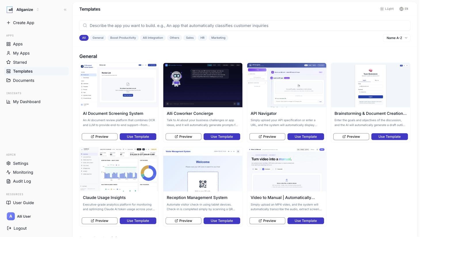 Alli Coworker library of ready-to-use enterprise app templates