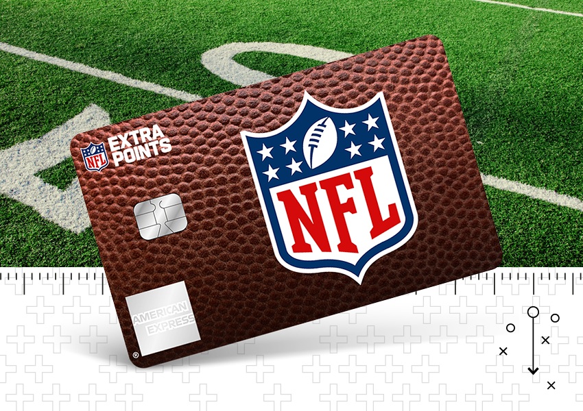 NFL Extra Points American Express credit card with a football-textured design on a football field
