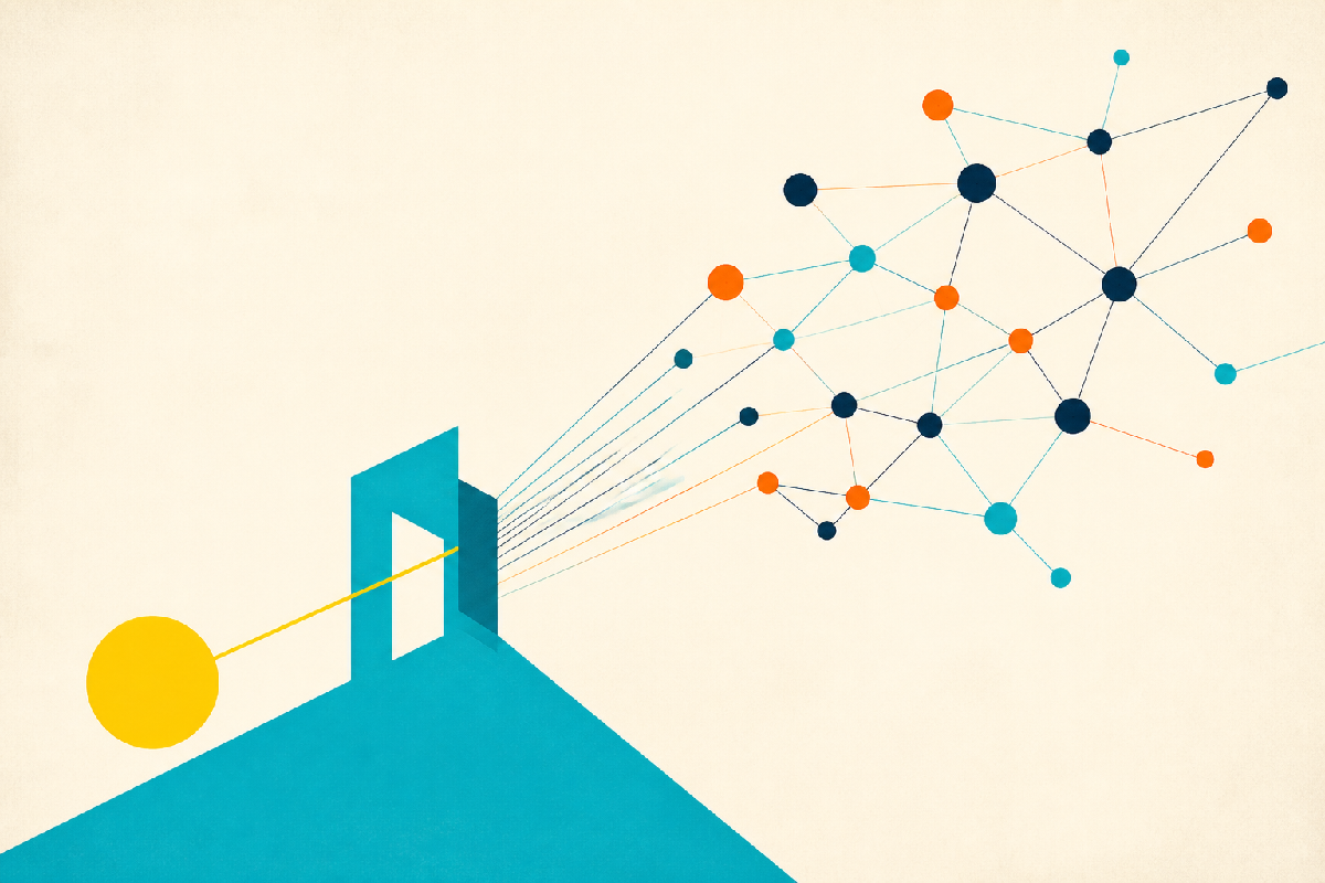 A yellow circle passes through a teal gateway and branches into an interconnected network of colored nodes