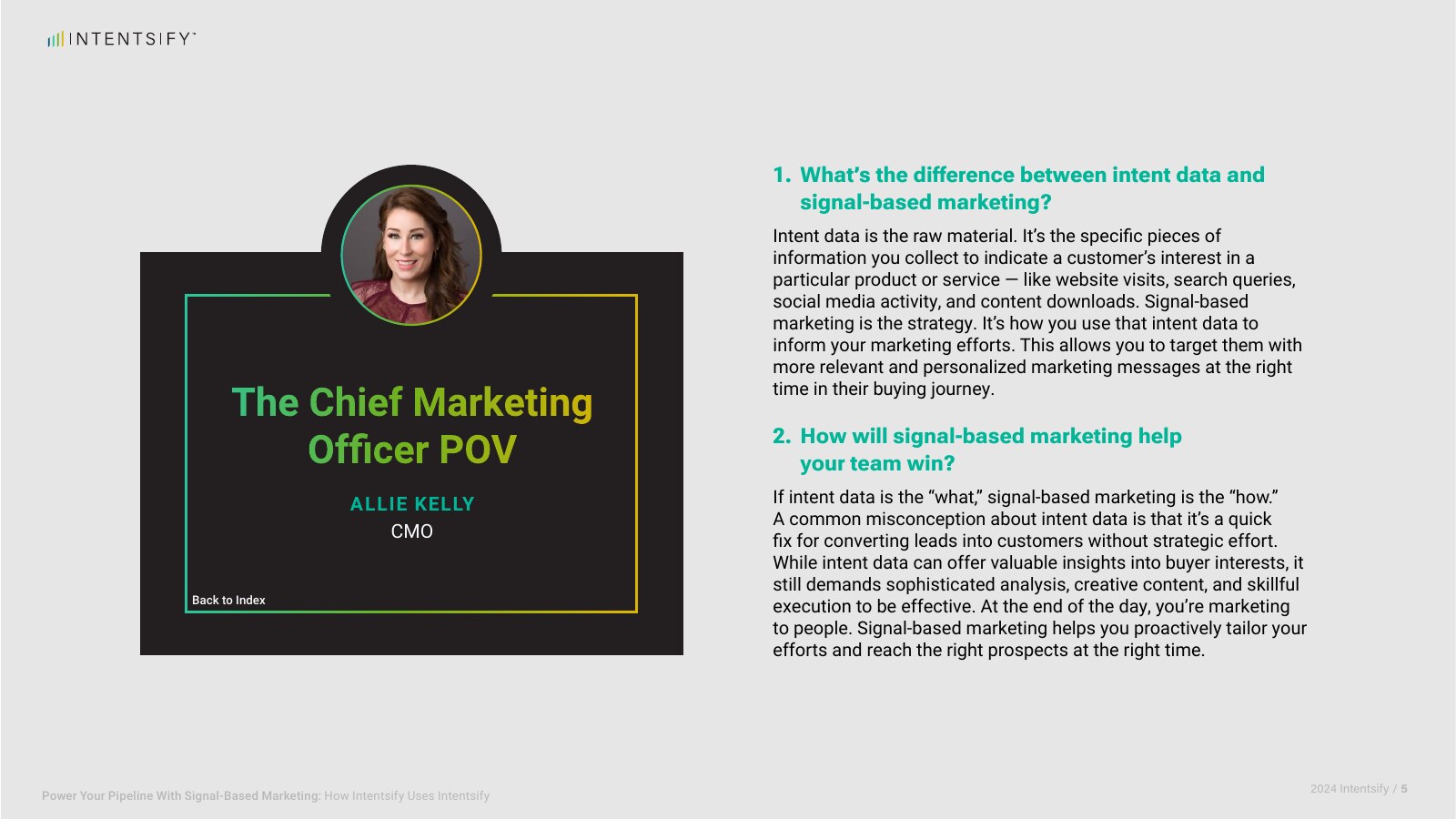 An Intentsify presentation spread featuring Allie Kelly and her explanation of intent data and signal-based marketing