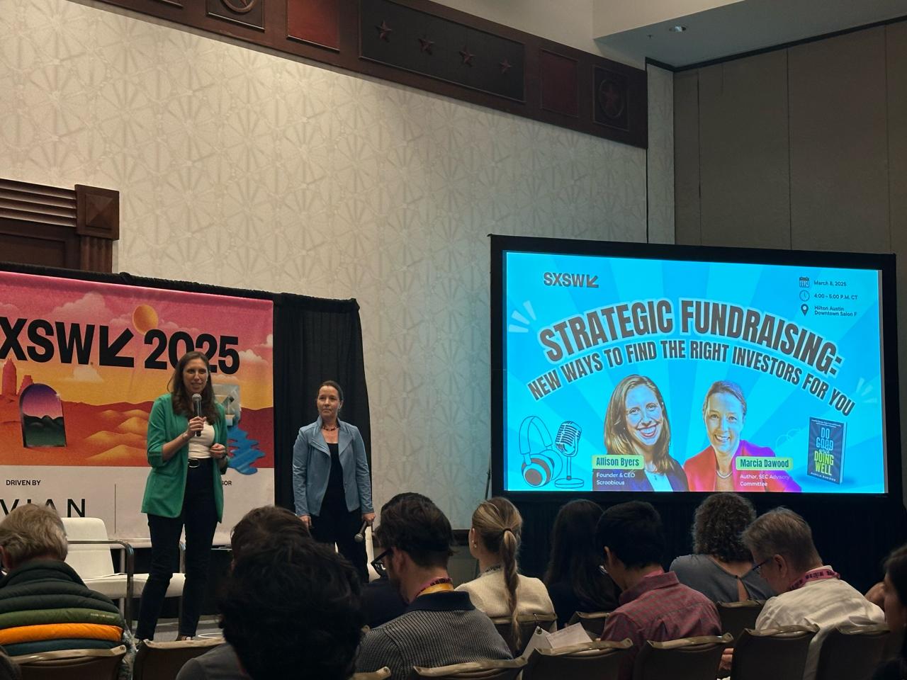 Allison Byers, wearing a green jacket, speaking beside Marcia Dawood at SXSW 2025