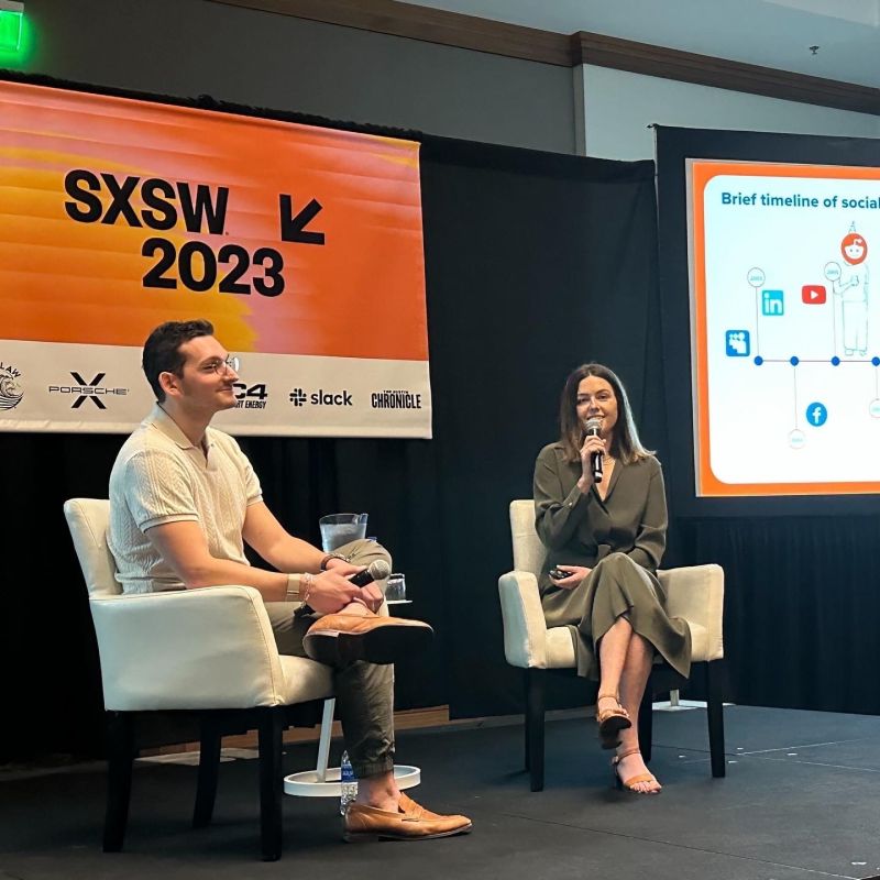 Allison Day Byrne, right, speaking beside Matt Klein at SXSW 2023.