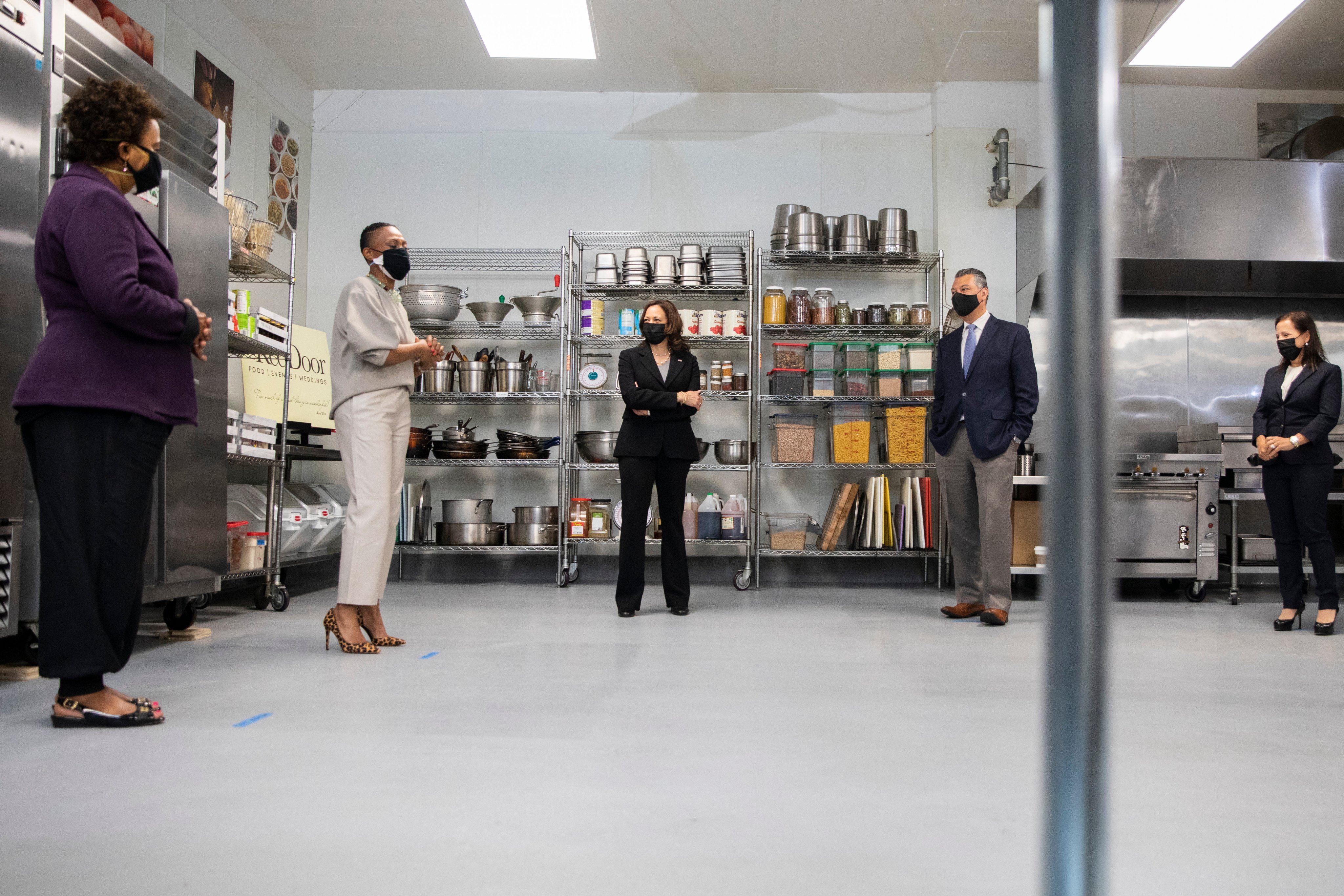 Small-business listening session with Kamala Harris at Red Door Catering in Oakland in April 2021