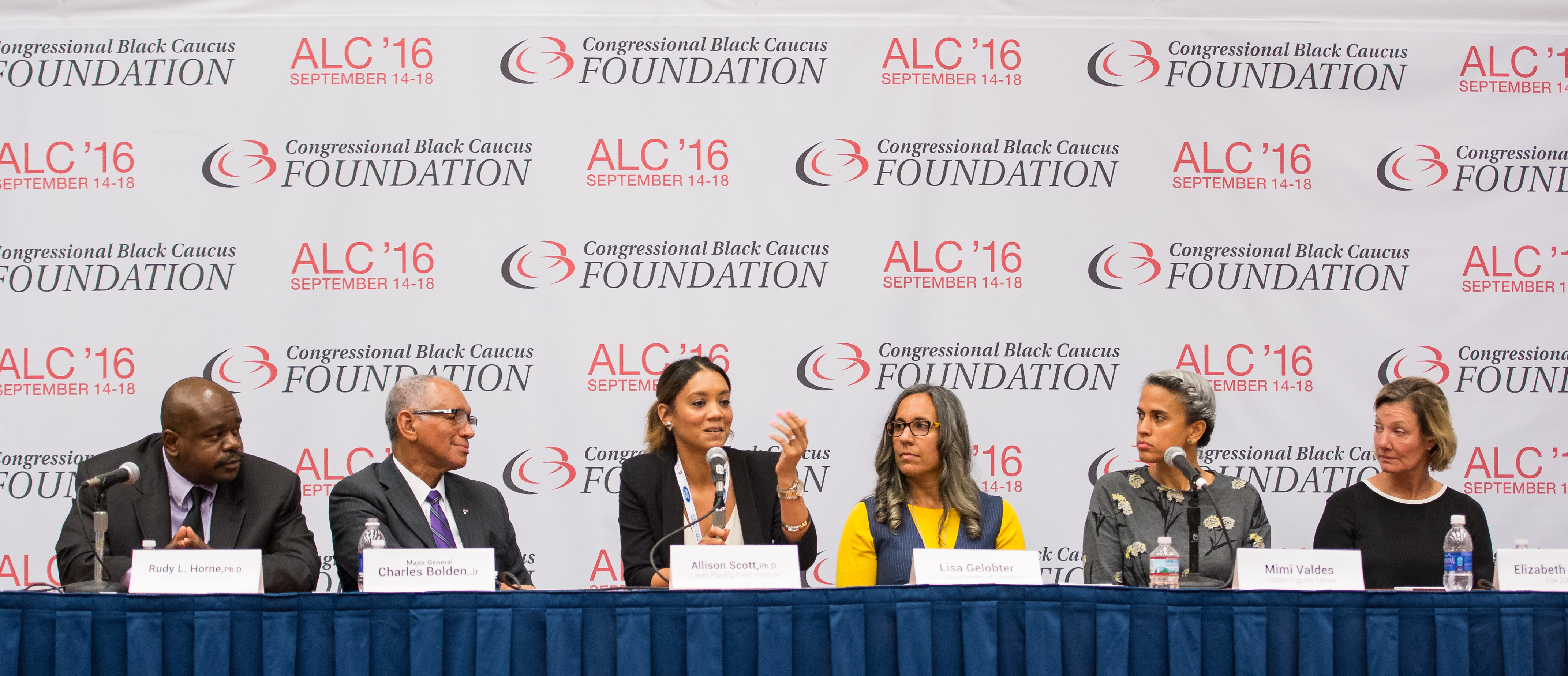 Allison Scott speaking at a STEM panel with Rudy Horne, Charles Bolden, Lisa Gelobter, Mimi Valdes, and Elizabeth Gabler