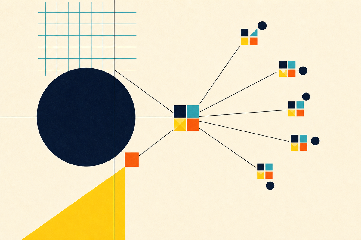 Abstract Swiss-style composition showing institutional resources converging into a central venture studio and emerging as a portfolio of companies