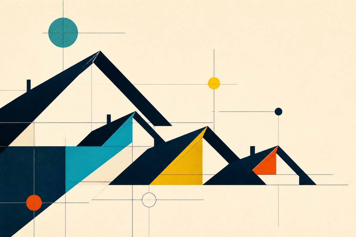 Abstract Swiss-style arrangement of distinct roof forms joined by a shared geometric grid