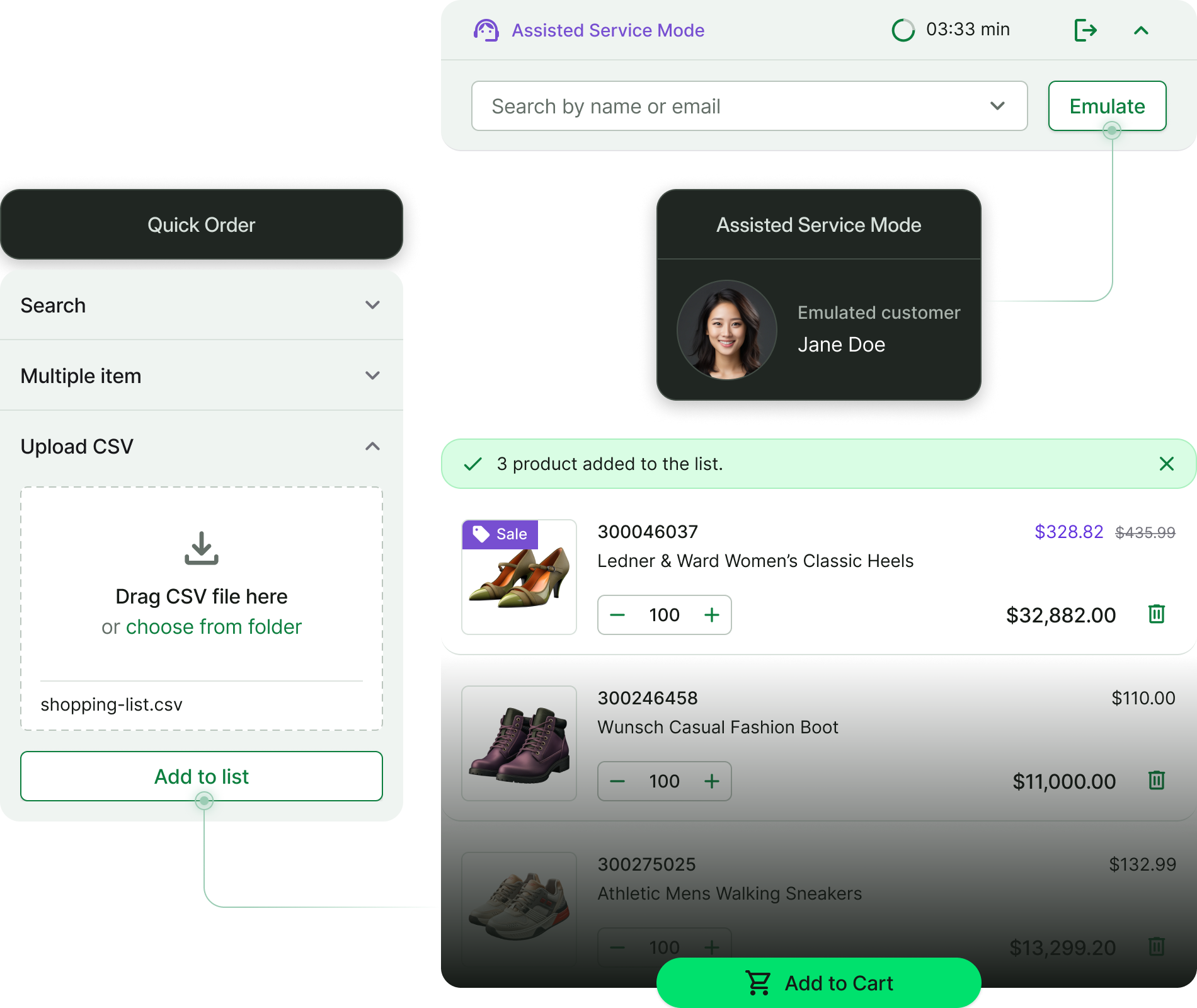 Alokai storefront illustration showing quick order, CSV upload and assisted service features