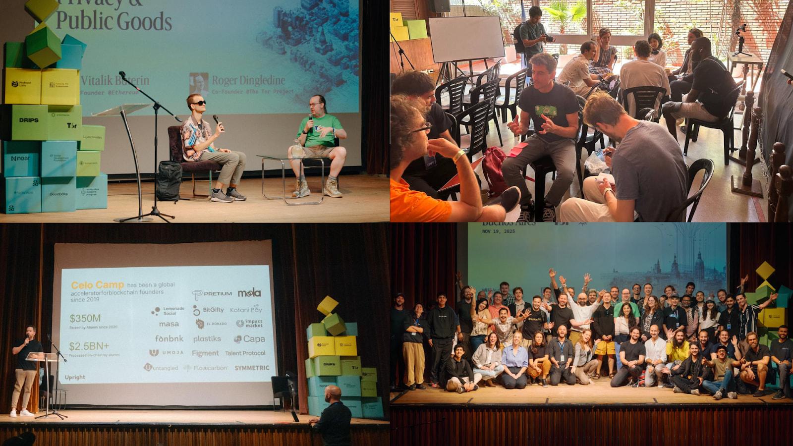 Four scenes from Funding the Commons in Buenos Aires: a stage conversation, workshop, Alon Shavit presenting at lower left, and speakers gathered for a group photograph.