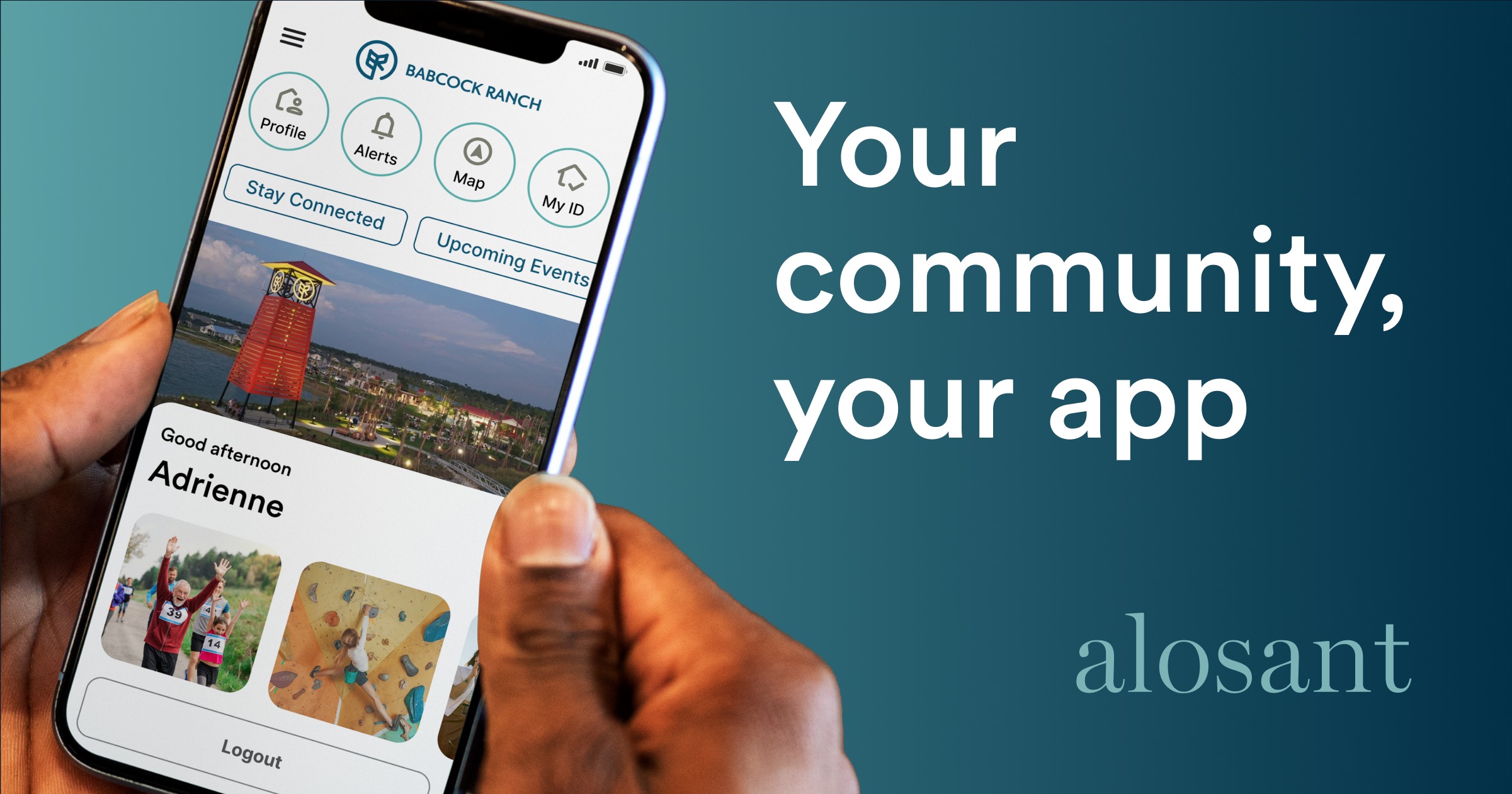 A hand holding a phone displaying an Alosant-powered Babcock Ranch community app