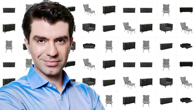 Press illustration of Alpay Koralturk in a blue shirt against a grid of furniture images
