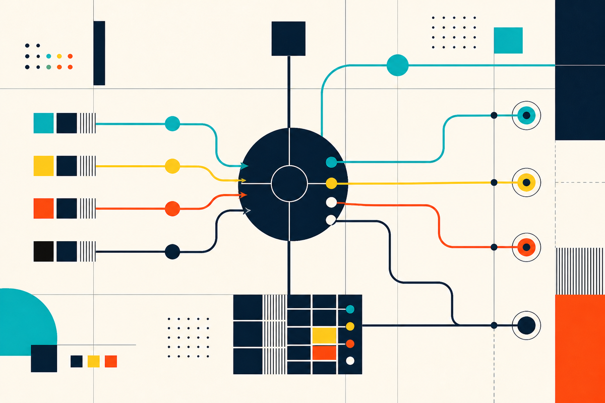 Abstract Swiss-style illustration of colorful financial rails converging on a central operating system