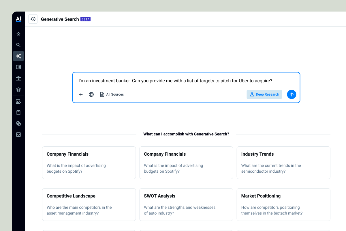 AlphaSense Generative Search interface with Deep Research selected