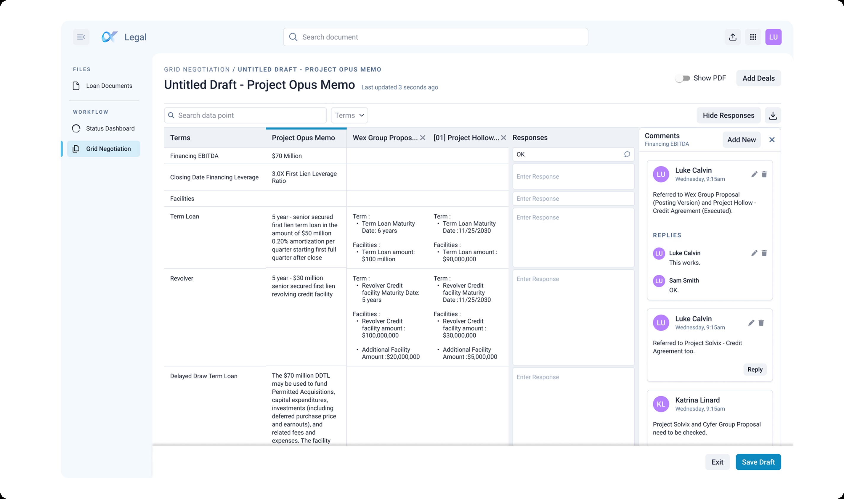 Alphastream’s published term-grid interface showing financing terms, proposal comparisons, responses and comments