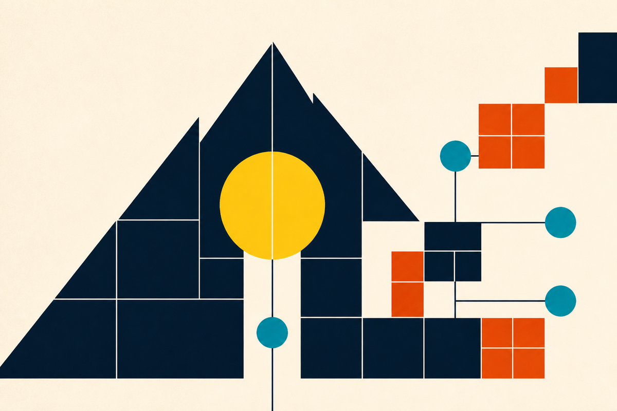 Abstract Swiss-style composition of a mountain, a central yellow circle and connected portfolio blocks