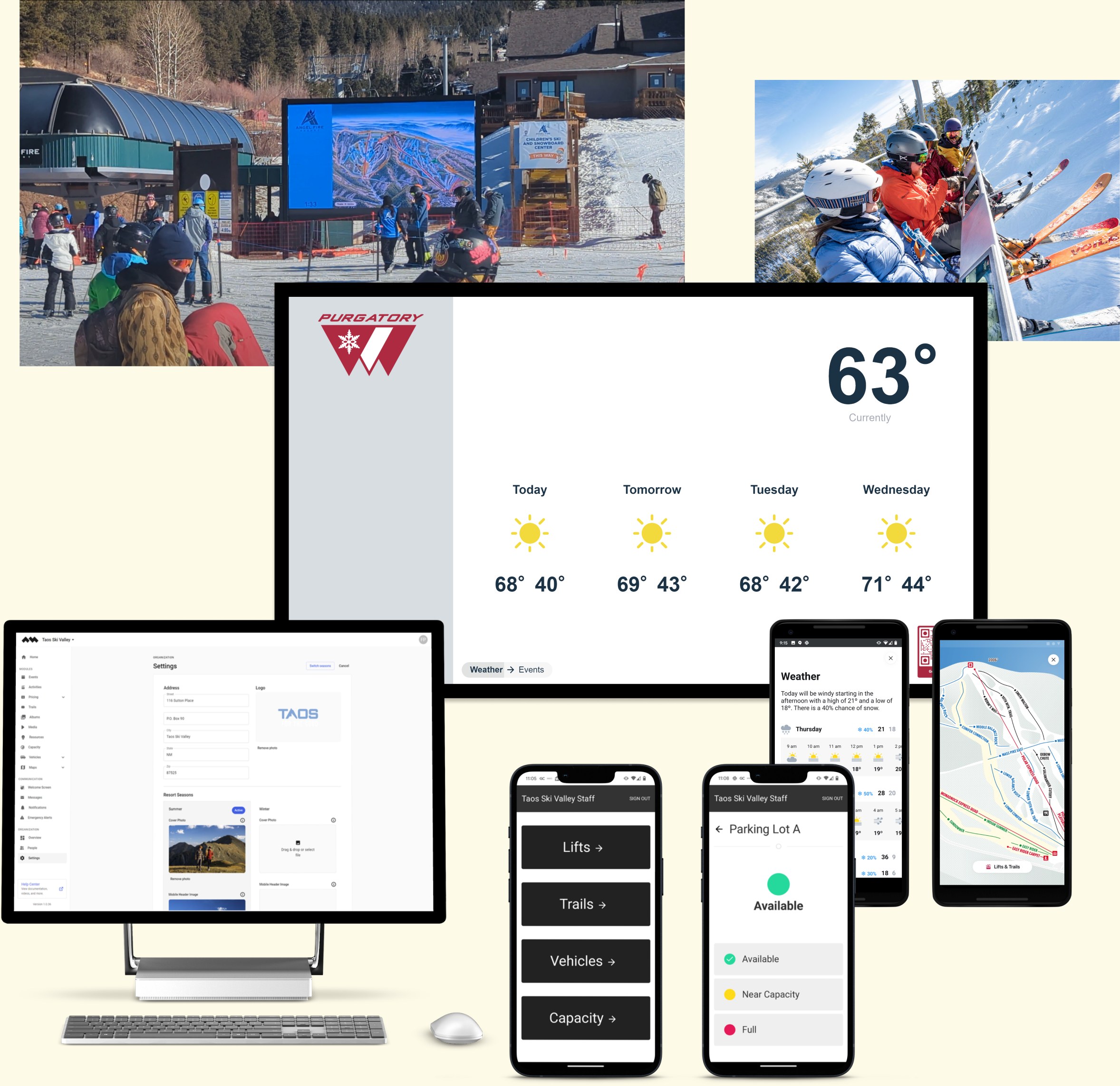 Alpine Media platform shown across a mountainside display, chairlift screen, weather board, CMS dashboard and mobile apps